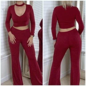 Fashion nova red long sleeve crop and flare pants